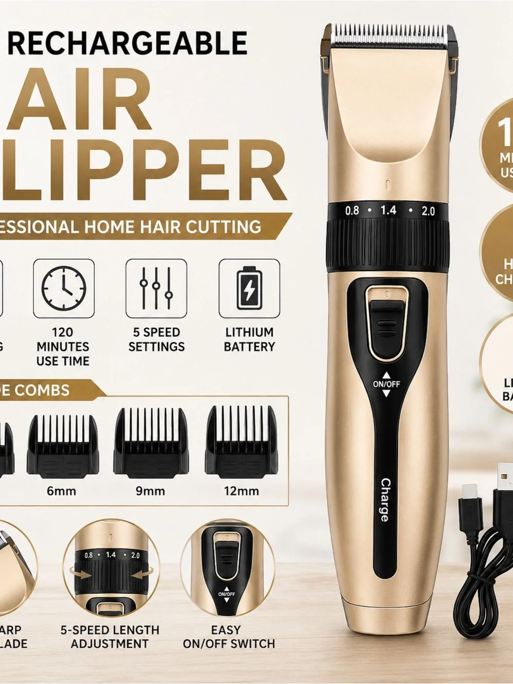 Gold Rechargeable Men’s Hair Clipper Trimmer by